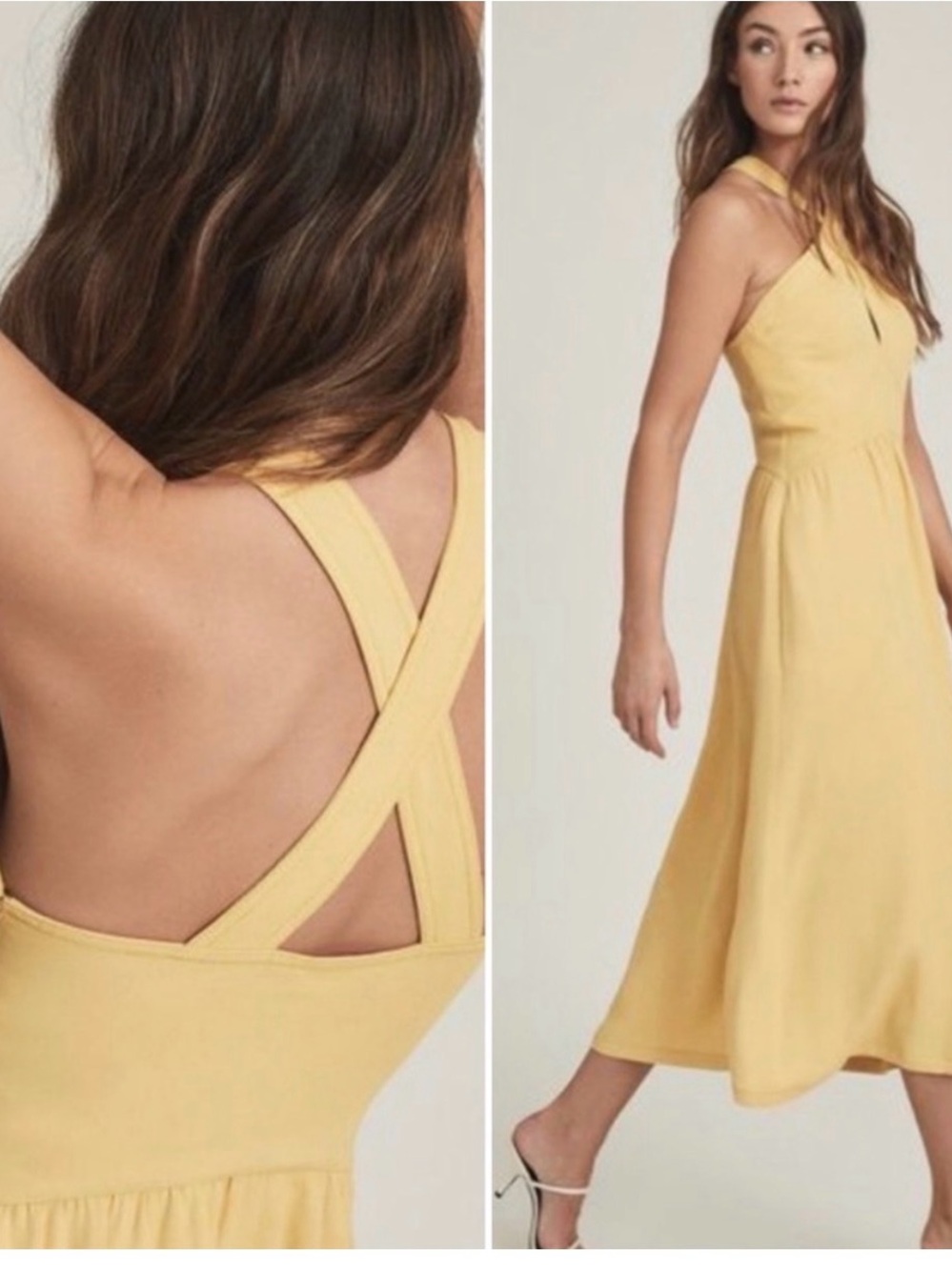 Reiss Yellow Cross-Back Midi Dress